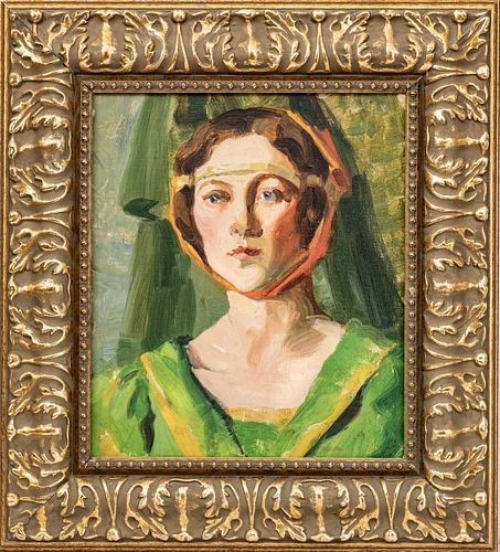 HENRY LEON ROECKER (AMERICAN, 1865–1941) OIL ON CANVAS, ON PRESSED BOARD H 14" W 12" WOMAN IN GREEN 