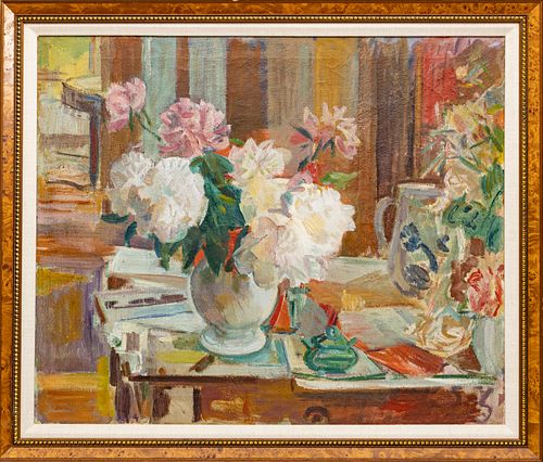 HENRY LEON ROECKER, (AMERICAN, 1860-1941) OIL ON CANVAS, 1938, H 25", W 30", FLORAL STILL LIFE 