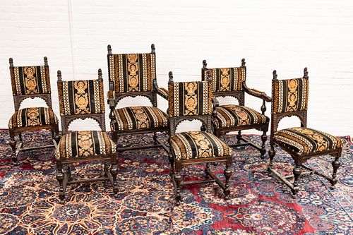 JACOBEAN STYLE CARVED MAHOGANY CHAIRS, 6 PCS, H 45", W 25"