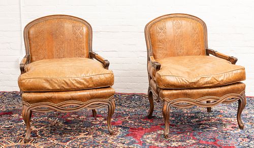 LOUIS XV STYLE CARVED WOOD AND LEATHER OPEN ARM CHAIRS, PAIR, H 40", W 34", D 29" 