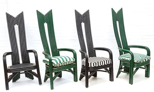 BENT WOOD AND CANE SEAT HIGH BACK PATIO CHAIRS, LATE 20TH C., FOUR PIECES, H 58", W 24", D 24" 