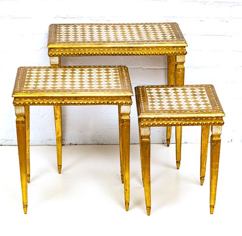 ITALIAN GILT WOOD NEST OF TABLES, 2ND HALF 20TH C., THREE PIECES, H 23", W 12", L 22" (LARGEST) 