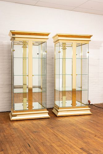 BRASS & GLASS PANELED CURIO CABINETS, PAIR, H 83", W 37"