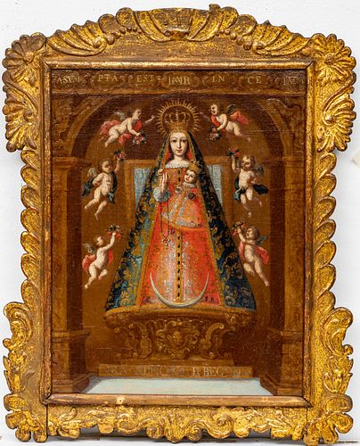 SPANISH SCHOOL OIL ON CANVAS ON WOOD PANEL, 18TH/19TH C., H 16" W 12" OUR LADY OF BEGONA