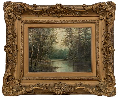 SIGNED "ROY" OIL ON CANVAS, 19TH C., H 10", W 14", RIVER LANDSCAPE WITH FISHERMAN 