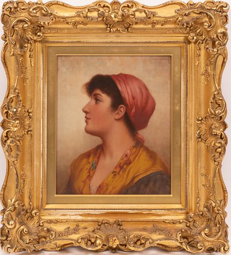 WALTER BLACKMAN (AMERICAN, 1847-1928) OIL ON BOARD, H 11.75", W 9.5", PEASANT GIRL 