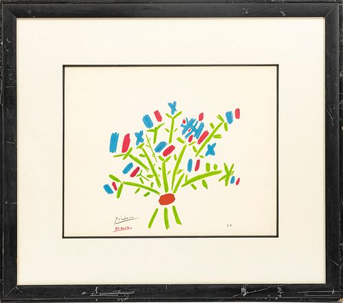 AFTER PABLO PICASSO, LITHOGRAPH H 14" W 17.5" FLORAL IN RED AND BLUE 