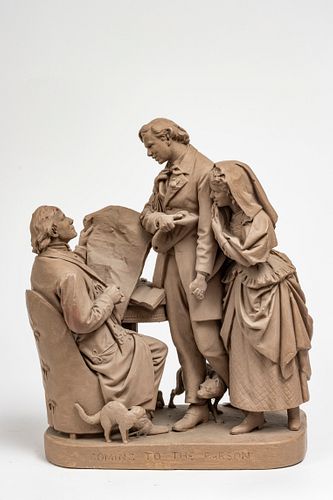 JOHN ROGERS (AMERICAN 1829-1904) PAINTED PLASTER FIGURAL GROUPING, H 22", W 17", D 9 1/2", "COMING TO THE PARSON" 