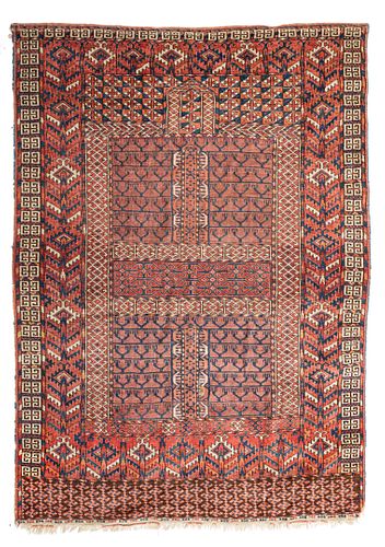 TURKMENISTAN TEKKE HATCHLI/ENSI WOOL CARPET, C. 1890, W 3' 10", L 4' 9" 