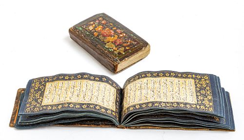 PERSIAN QURAN BOOKS, 17/18TH C, 2 PCS, H 3"-4.75", D 3"-6.5" 