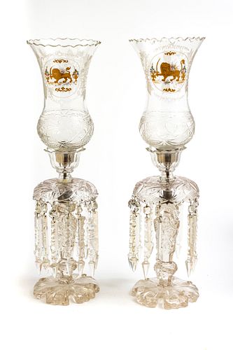 CUT CRYSTAL AND ENAMEL LUSTERS, C. 1900, PAIR, H 24", DIA 6" PERSIAN LION AND SUN CRESTS 