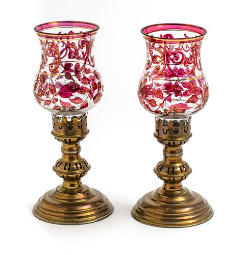 RUBY FLASHED TO CLEAR GLASS & BRASS HURRICANE LAMPS, C. 1900, PAIR, H 11.5", DIA 4"