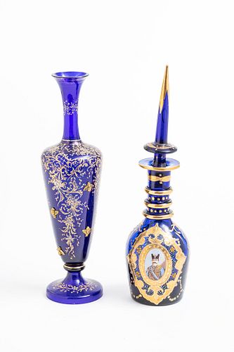 PERSIAN DESIGNED ENAMELED COBALT BLUE GLASS DECANTER & VASE, 2 PCS, H 14.5"-15" 