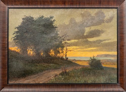 OIL ON CANVAS, H 28" W 40" LANDSCAPE AT SUNSET 