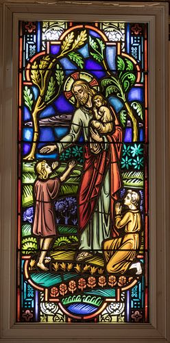 ILLUMINATED STAINED GLASS WINDOW, H 59", W 26", CHRIST WITH CHILDREN 