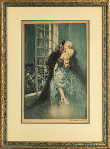 LOUIS ICART (FRENCH, 1888-1950) ETCHING WITH COLOR ON PAPER, H 21", W 13.5", "DES GRIEUX" 