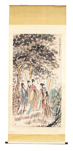 CHINESE WATERCOLOR ON PAPER  SCROLL W 37" L 69" 