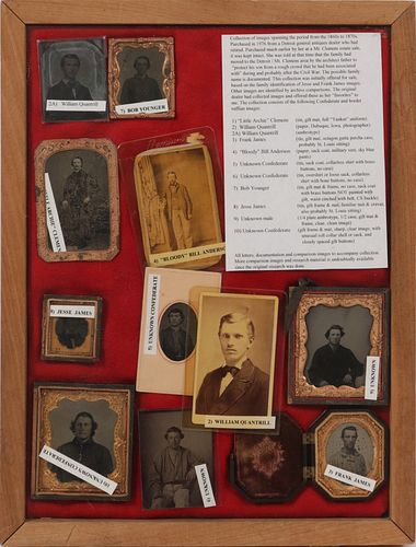 PHOTOGRAPHS, TIN AND AMBROTYPES IN A SHADOWBOX FRAME, 12 TOTAL, H 17" W 13" (SHADOWBOX), OUTLAWS AND SOLDIERS 