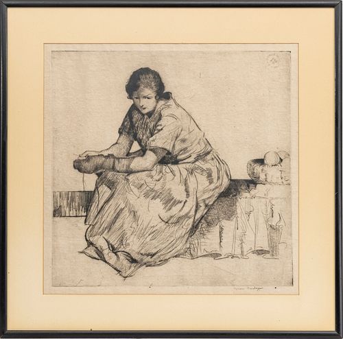 MYRON BARLOW, MICH. 1873 - 37, ETCHING H 15" W 15" GIRL SEATED 