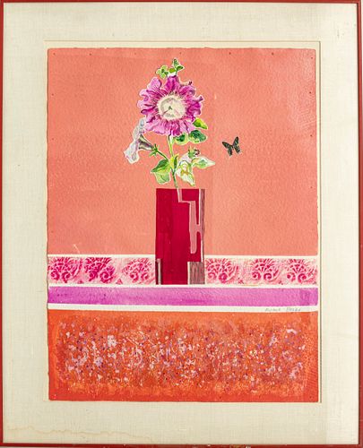 MARY JANE BIGLER (MICHIGAN, 20TH C.) GOUACHE AND COLLAGE, H 29", W 22", "HOMAGE TO THE PETUNIA" 