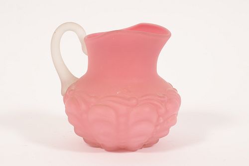 AMERICAN MOTHER OF PEARL PINK SATIN GLASS CREAM PITCHER, HAND BLOWN, C 1870 H 4.5" 