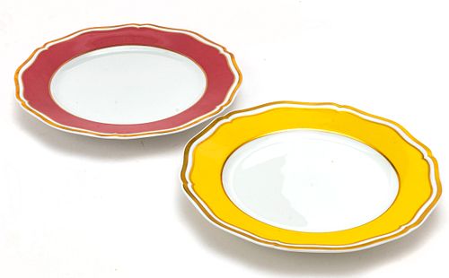 LIMOGES A. RENAUD FRENCH PORCELAIN, FIRED GOLD EDGE PLATES 2PCS DIA 8" "POLKA" 