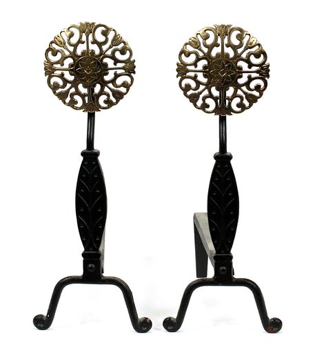 MODERN FRENCH STYLE IRON ANDIRONS, PAIR, H 20" 