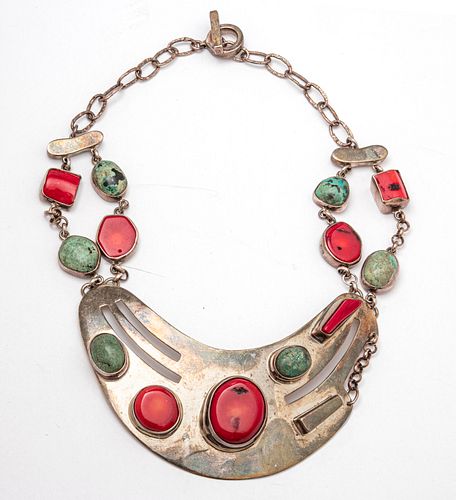 SILVER WITH RED STONE & GREEN TURQUOISE STONES NECKLACE L 19" 