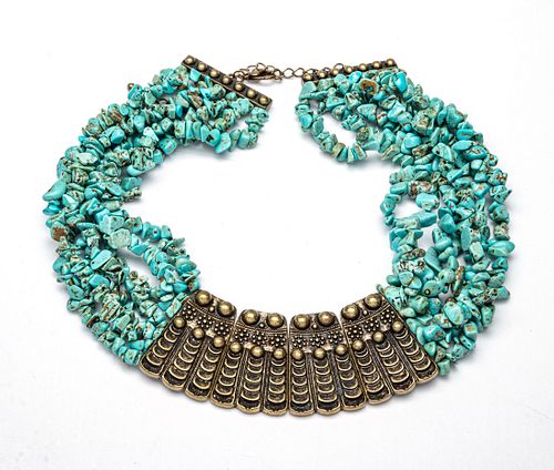 EGYPTIAN INFLUENCE 7 STAND TURQUOISE & METAL NECKLACE L 13"  