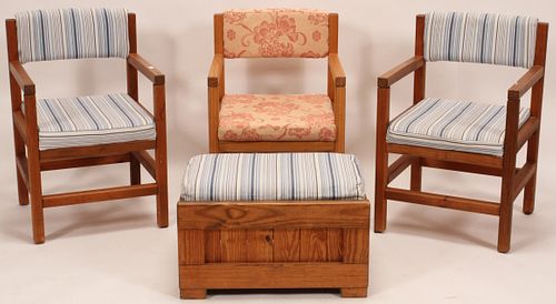 CHERRY ARM CHAIRS AND PINE OTTOMAN, H 35" W 21" 