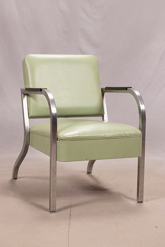 VINTAGE PALE GREEN LEATHER CHAIR, CHROME FRAME 