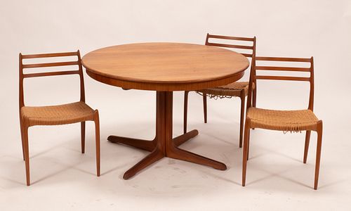 DANISH STYLE TABLE & 3 CHAIRS, H 30", DIA 48"  