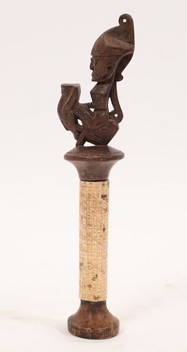 CARVED WOOD FIGURE ON BONE PEDESTAL, THAILAND GAME ON BONE CILENDAR, CHIPS AS IS CONDITION. H 10" 