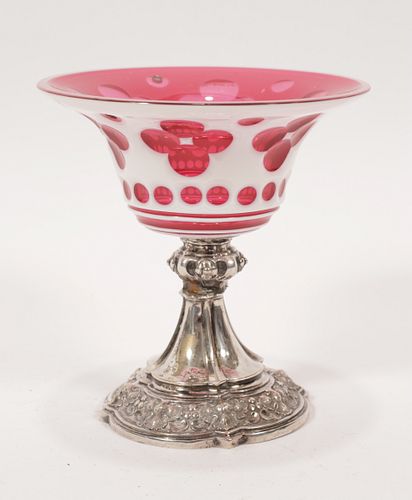 SILVER & CRYSTAL OVERLAY COMPOTE, C. 1900, H 5.5", DIA 4.5" 