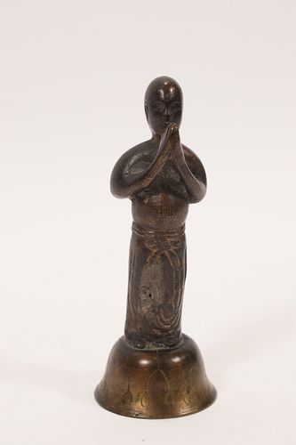 ASIAN METAL FIGURINE H 6" DIA 2" STANDING WITH HANDS IN PRAYER POSITION 