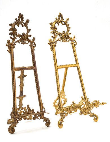 BRASS TABLE EASELS, TWO H 21" W 9" 