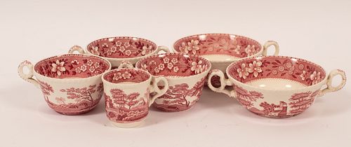 ENGLISH POTTERY SPODE'S TOWER, COFFEE-CUPS L.4.5" (3); CREAM SOUPS L.6 3/4" (2); DEMITASSE CUP L.3" (1); 