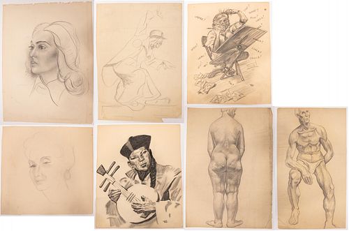 SEVEN ARTIST'S SKETCHES, H 23", W 18" (LARGEST) 