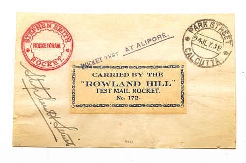 AUTOGRAPHED BRIITISH/INDIA PIONEER SPACE PROBE ROWLAND-HILL TESTING SITE #172 ROCKET RESEARCH 1938 1ST.DAY MAIL-DELIVERY (1) H 12" W 9.5" 