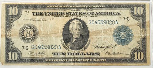 U.S. $10.DOLLAR LG.PAPER CURRENCY FED-RESERVE, JACKSON PORTRAIT SERIAL # G-64659820A, 1914  (1) H 3" H X 7.4" 