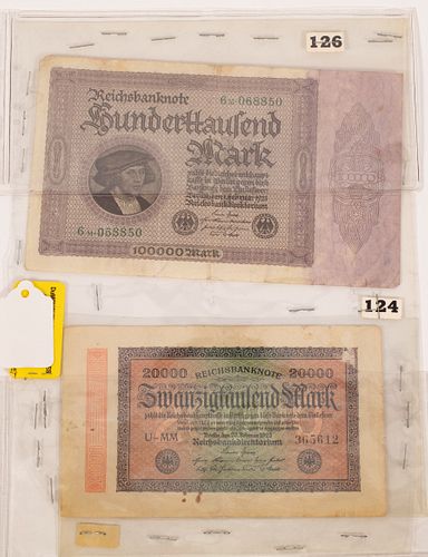 GERMAN PAPER CURRENCY NOTES 20,000. MARK, #3365612 BERLIN 1923 & 100,000. MARK #6M068850 BERLIN 1923 (2) H 10" W 8" IMAGE 