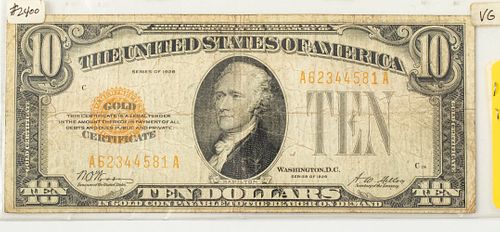 $10.DOLLAR GOLD CERTIFICATE PAPER CURRENCY HAMILTON PORTRAIT SERIAL #A62344581A 1928 ACTUAL SIZE 2.5" H X 6" W. SMALL (1) W 7.5" SLEEVE 