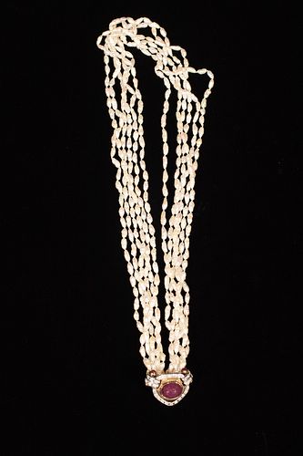 DIAMOND AND RUBY ENHANCER ON SEED PEARL NECKLACE L 26" 