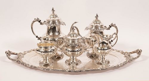 WALLACE GRANDE BAROQUE STERLING TEA SERVICE, 5 PCS. + PLATED TRAY 