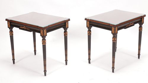 KARGES EBONY AND WALNUT LAMP TABLES PAIR H 24" W 18" L 25" 
