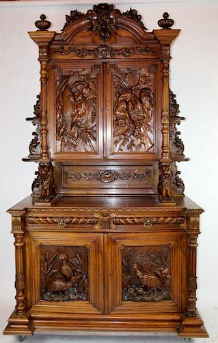 French hunt buffet with relief carved game on doors