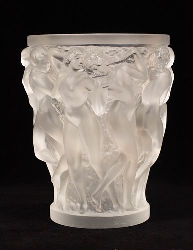 LALIQUE 'BACCHANTES' FROSTED CRYSTAL VASE, H 10", DIA 8" 