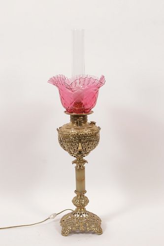 OYNX SHAFT, CRANBERRY GLOBE OIL LAMP, C. 1870, H 23" DIA 9" 