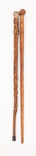 BRITISH STERLING HANDLE WALKING STICK, CHESTER, ENGLAND, C. 1910, PLUS ONE OTHER WOOD WALKING STICK, 2 PCS., L 35 1/2" AND 37 1/2" 