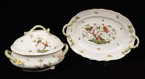 HEREND, PORCELAIN TUREEN AND TRAY "ROTHSCHILD BIRD" H 11" L 16", 18" 